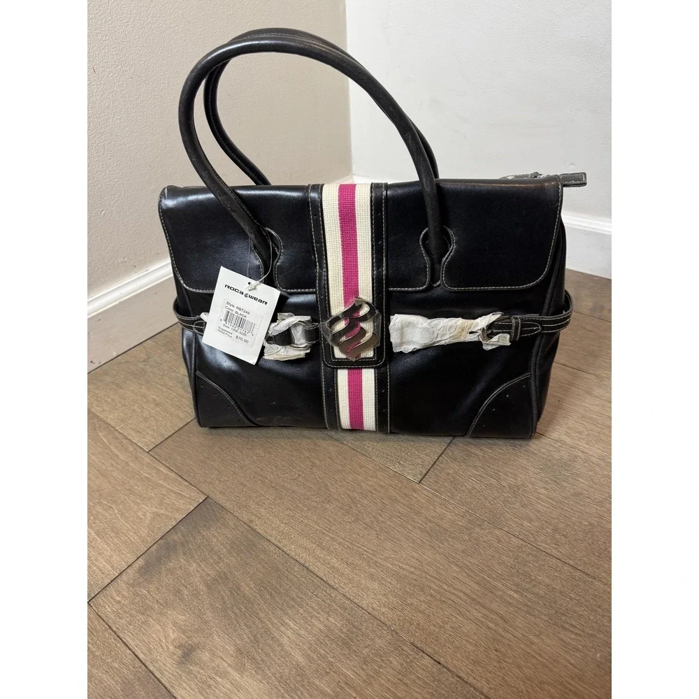 Rocawear Satchel Bag Womens Large Black Faux Leather Stripe Pink Lining Logo Y2K